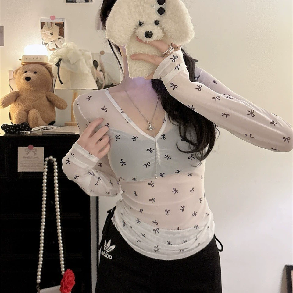 Допаминовая сетчатая блузка солнцезащитный крем Поддельные две части с нагрудными подушками