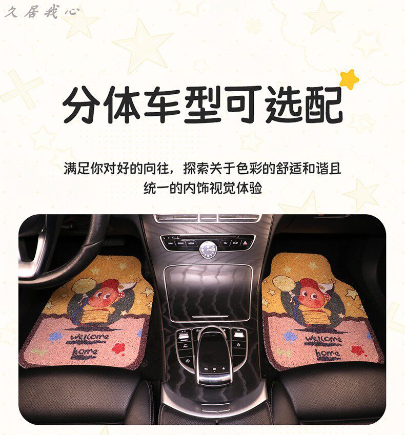 Car floor mat for the driver's and rear seats, cute one-piece anti-dirt silk loop carpet-style mat for car interior