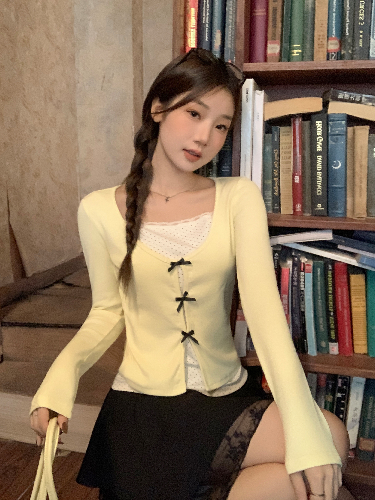 False Two-piece Patchwork Bow Long Sleeve T-shirt Women's Slim Top