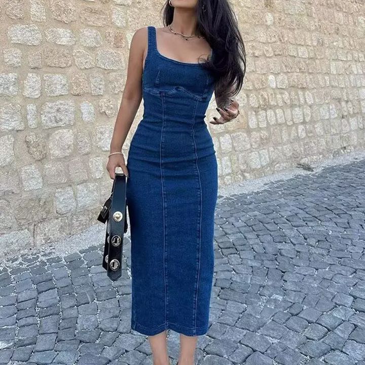 Fashion Retro Square Collar Denim dress Women's Summer Slim-fit Slimming Elegant Strap Split Hip Skirt Mid-length Skirt