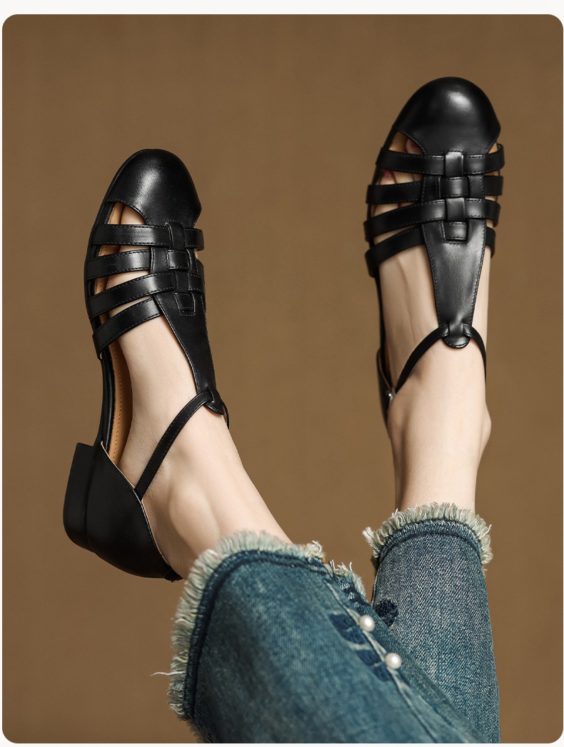 Sandal nữ mũi nhọn da bò quai chữ T gót thấp phong cách La Mã — nâu chi tiết 16