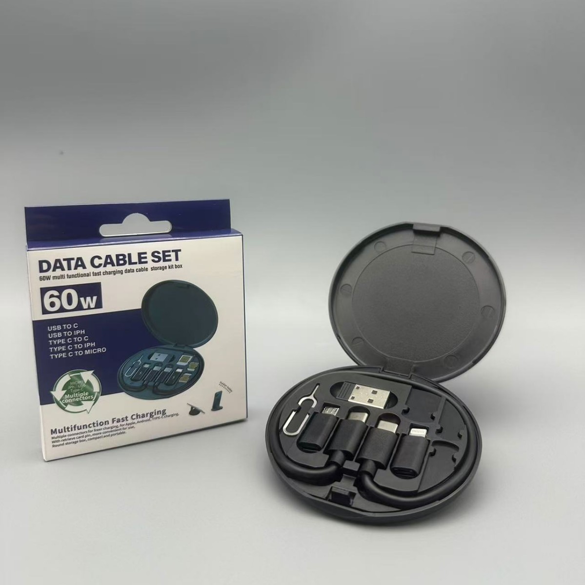 Caja de almacenamiento de cable de datos multifuncional portátil, cable de datos, carga rápida de 60W, fruta plana. Android. USB. Cinco en uno