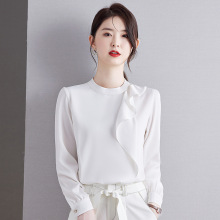 2025早春新款别致荷叶边缎面衬衫女法式职业衬衣通勤气质长袖上衣