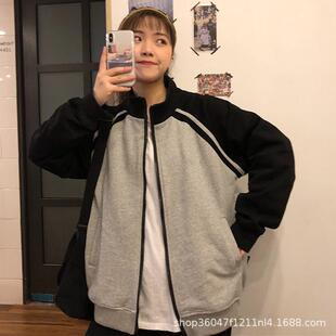 Autumn and winter New long sleeve baseball coat women plus velvet fat MM200 kg loose student jacket cardigan top