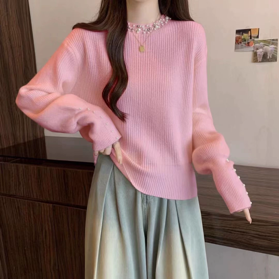 Корейская версия свитера с круглым вырезом с тяжелым гвоздем из бисера свитер женский 2023 осень-зима новый сплошной цвет свободный толстый нижний свитер