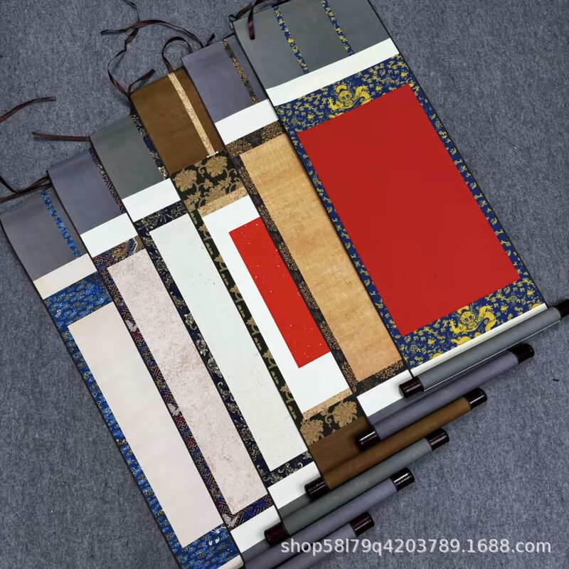 High-End Xuanhe-Style Framed Silk Scroll, Four-Panel Scroll, Semi-Raw and Semi-Processed for Large Calligraphy, Handcrafted Vertical Version High-End Xuanhe-Style Framed Silk Scroll, Four-Panel Scroll, Semi-Raw and Semi-Processed for Large Calligraphy, Handcrafted Vertical Version