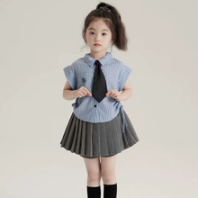 女童学院风套装新款洋气小女孩条纹无袖衬衫百褶短裙两件套潮