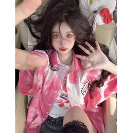 美式复古扎染潮牌短袖衬衫女夏季宽松设计感小众情侣涂鸦衬衫外套