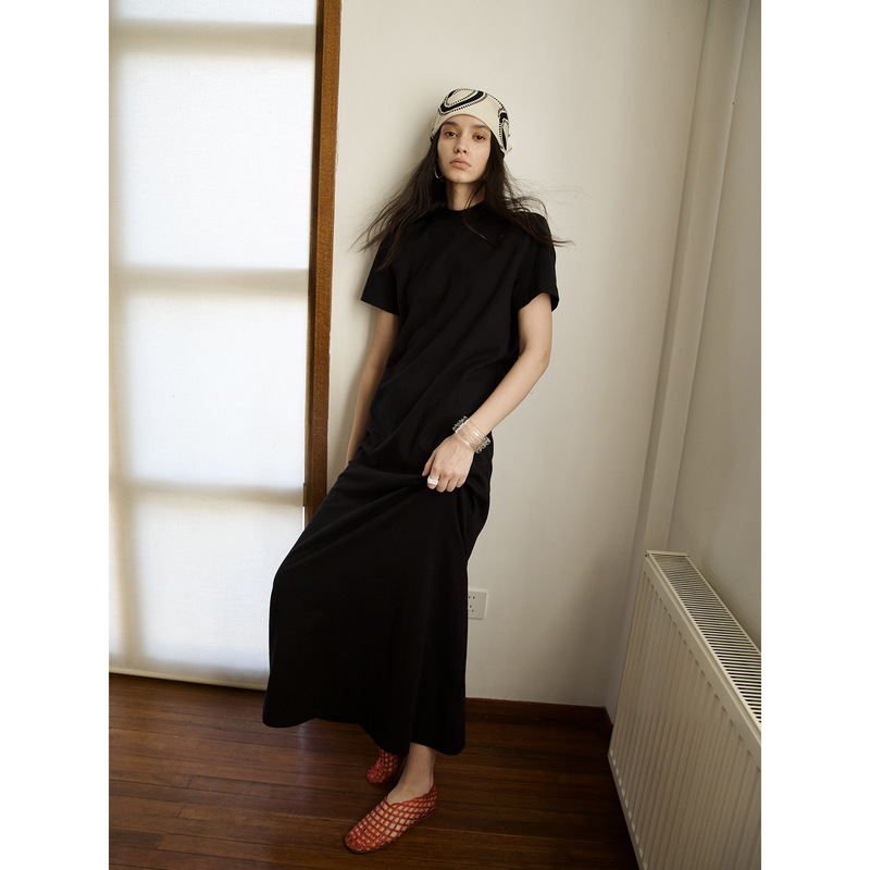 61035 # Molin Clean Fit Minimalist Half-High Collar Loose Straight Lazy T-Shirt Short-Sleeve Dress