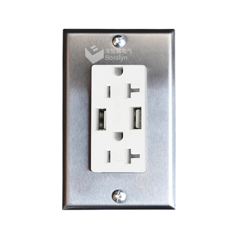厂家供应美式暗装插座面板一位不锈钢面板美标USB墙面插座20A