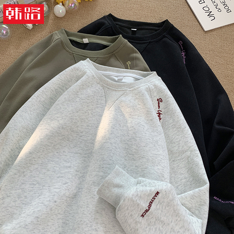 400g Heavyweight Japanese Retro Raglan Sleeve Crew Neck Sweatshirt, New Spring Trendy Brand Letter Embroidery Loose Jacket Q
