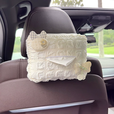 Bow Car Tissue Box Hanging Car Tissue Box Cute Small Fresh Car Interior Armrest Box Paper Tissue Box (Car tissue box/set) - off-white-flower-rabbit-ears-off-white-bow-puff-tissue-box