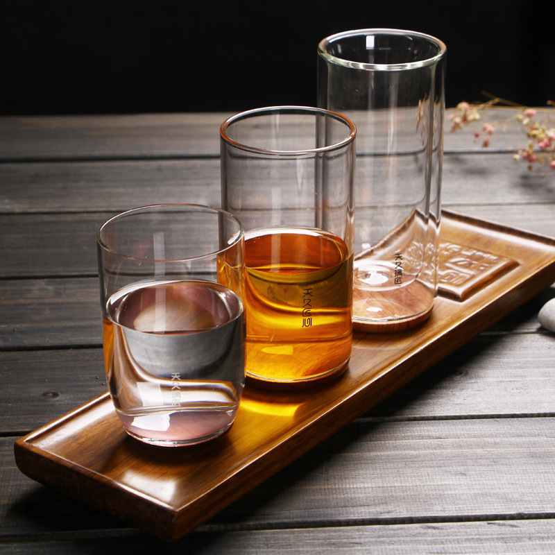 Vidrio transparente grueso resistente al calor inferior de madera aislamiento térmico de doble capa taza de té verde taza de agua creativa flor taza de té Tianjiu glass