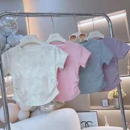 儿童短袖女2024新爆款洋气棉T恤空白简约百搭时尚抽绳上衣包领女