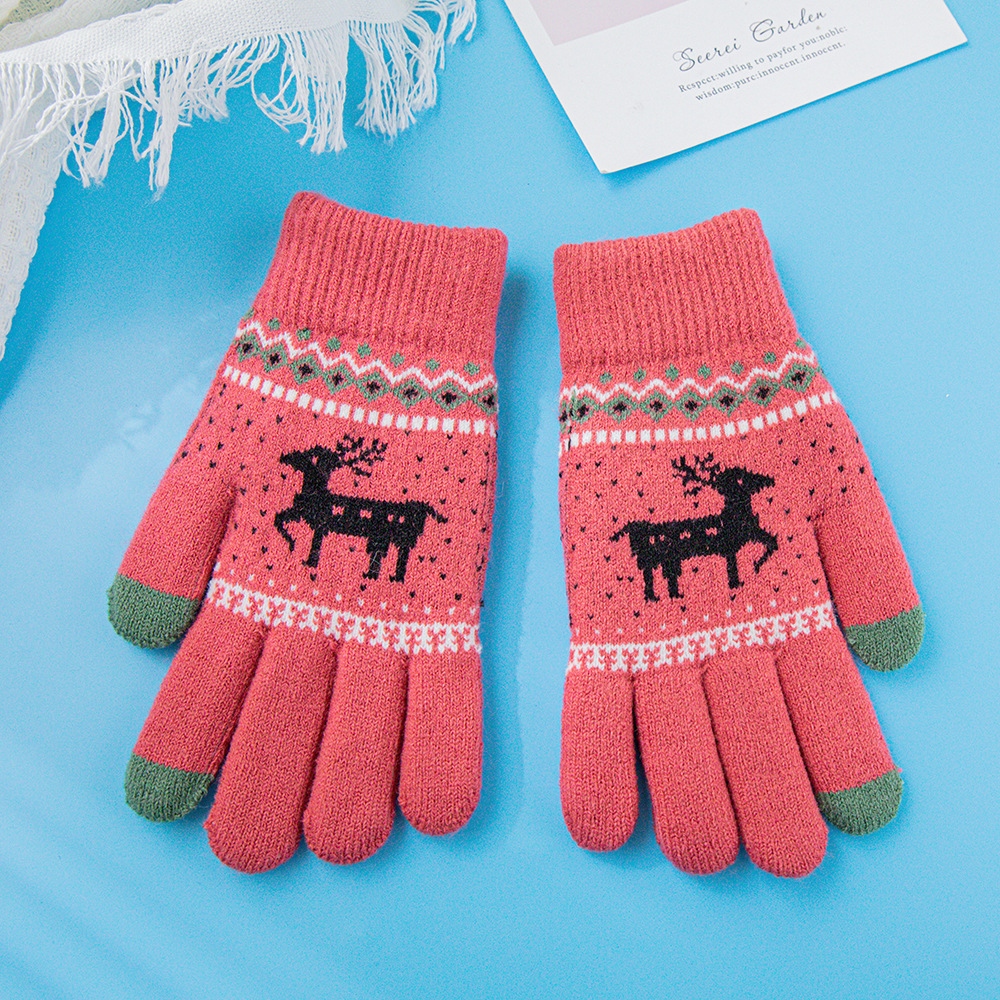 Guantes de pantalla táctil de invierno de doble capa engrosada cálidos guantes forrados de lana para hombres y mujeres guantes de punto jacquard de ciervo