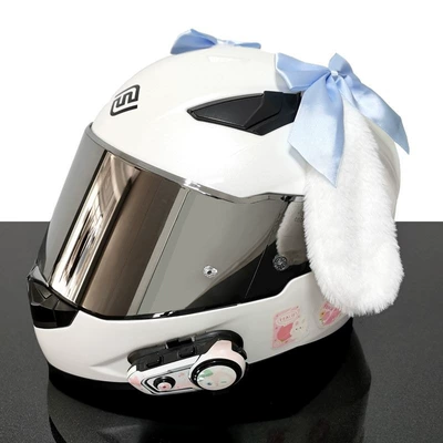 Helmet Decoration Rabbit Ears Motorcycle Dəbilqə (Kaska) aksesuarları - white-and-blue-bow-rabbit-ears-white-tail