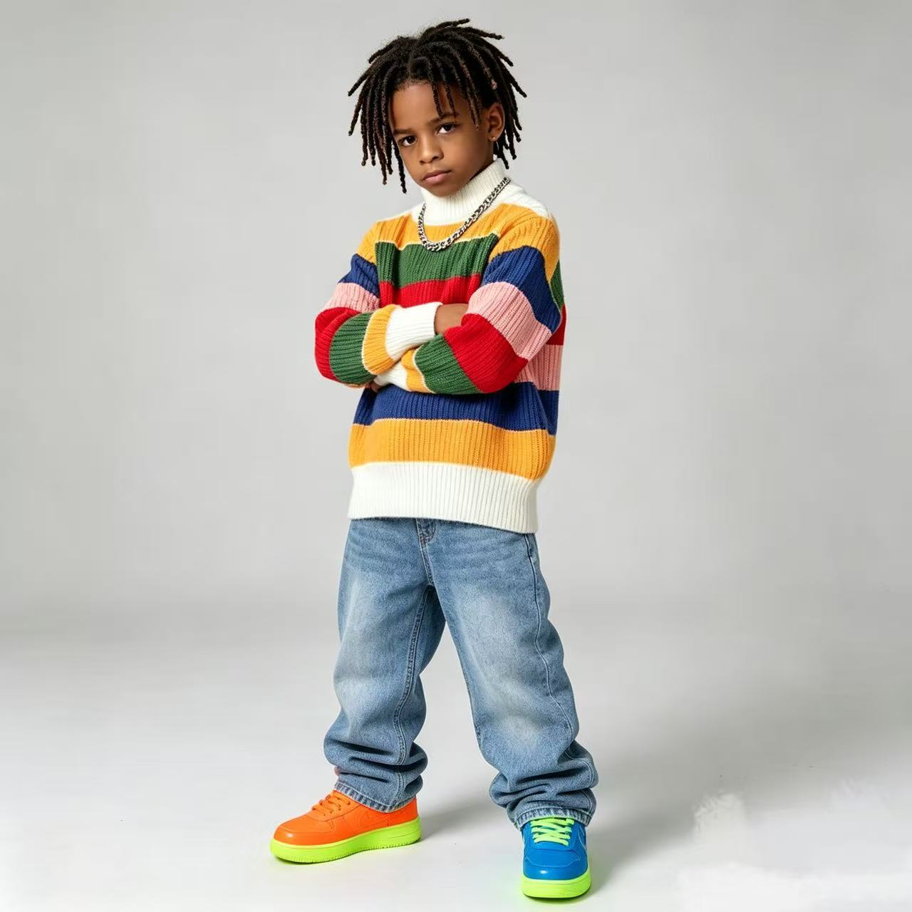 Children's rainbow sweater, boys' 2024 autumn/winter style, loose and comfortable top, girls' striped knit pullover.