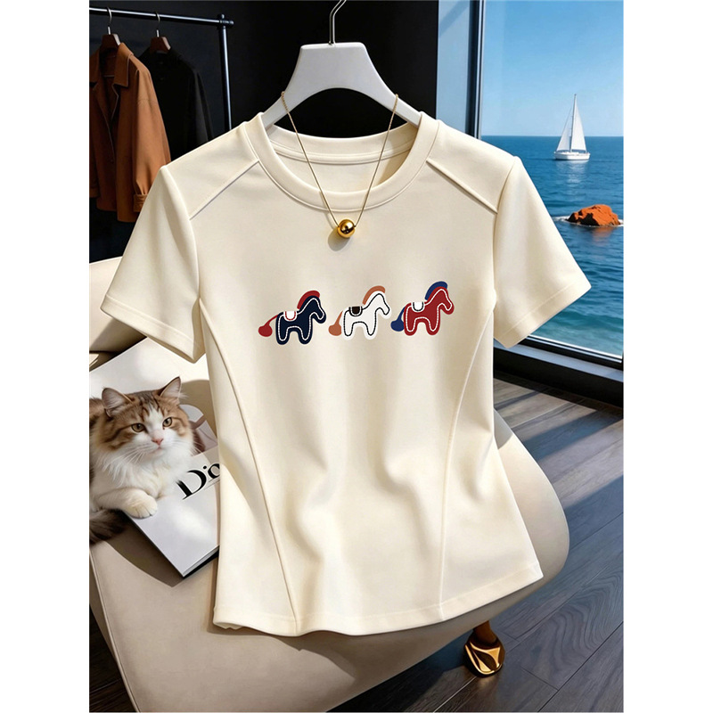 2026 Summer New Style Pure Cotton Fishbone Short-Sleeve T-Shirt for Women, Niche Fishbone High-End Design Top