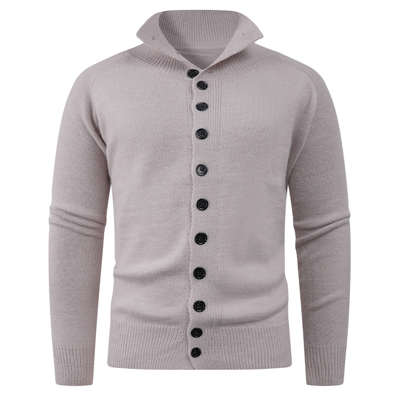 Einfarbiger Herren-Modal-Cardigan, Strickpullover zum Knöpfen, Stehkragen und Schalkragen, dicker Winterpullover, Schwarz/Dunkelgrau/Maschinenwaschbar_voghion.com