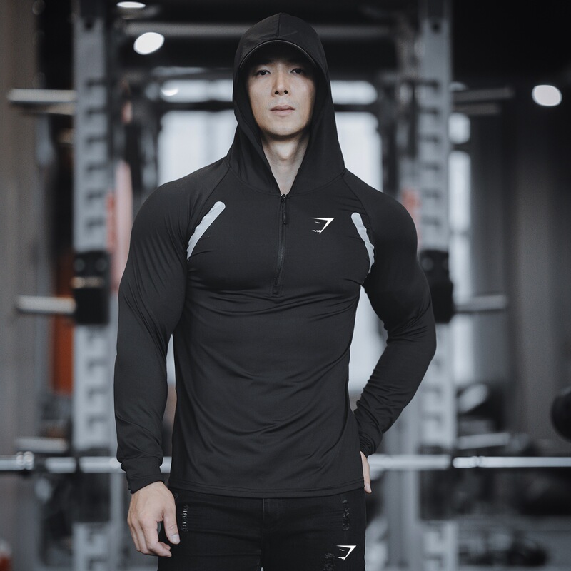 New Half-Zip Gym Long-Sleeved Hooded Men's Muscle Training Loose-Fitting Autumn Sports Breathable Fitness Running Print