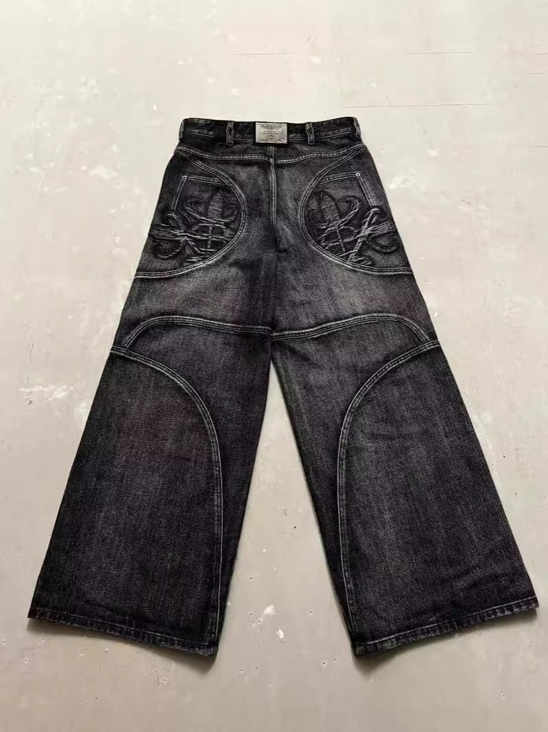 Millennium worm jeans moda americana retro cremallera costura suelta parche bordado a rayas jeans con borde de piel