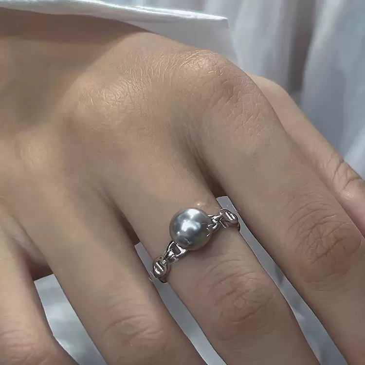天然淡水真珍珠18K镀金猪鼻子光面可调节戒指女开口气质小众设计