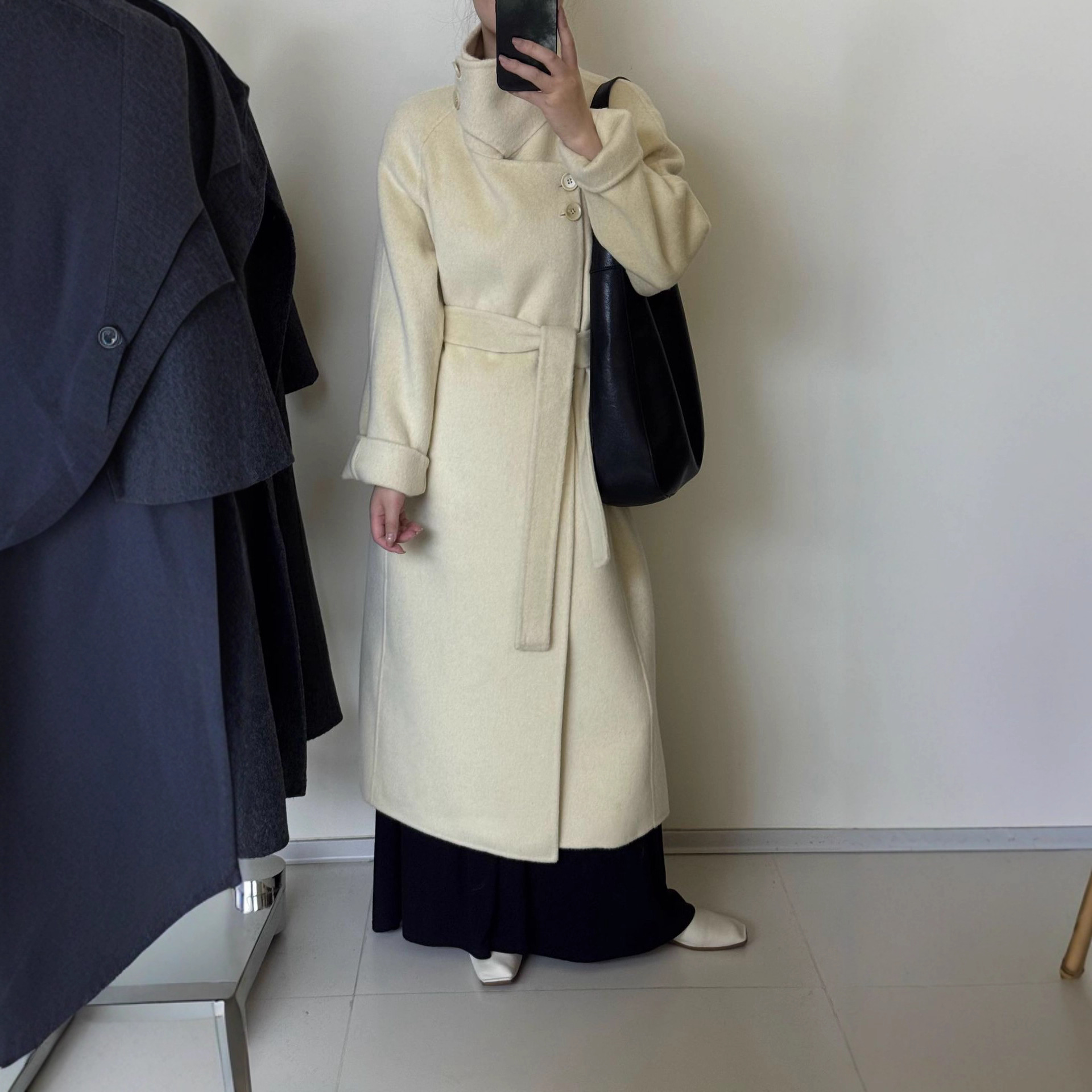 【Evening Cloud】High-End Alpaca Wool Hepburn-Style Stand-Up Collar Double-Sided Wool Lace-Up Coat for Women, Double-Sided Woolen Fabric