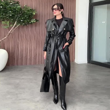 2025秋季欧美新款亚马逊跨境外贸女装时尚开叉腰带黑色通勤皮风衣