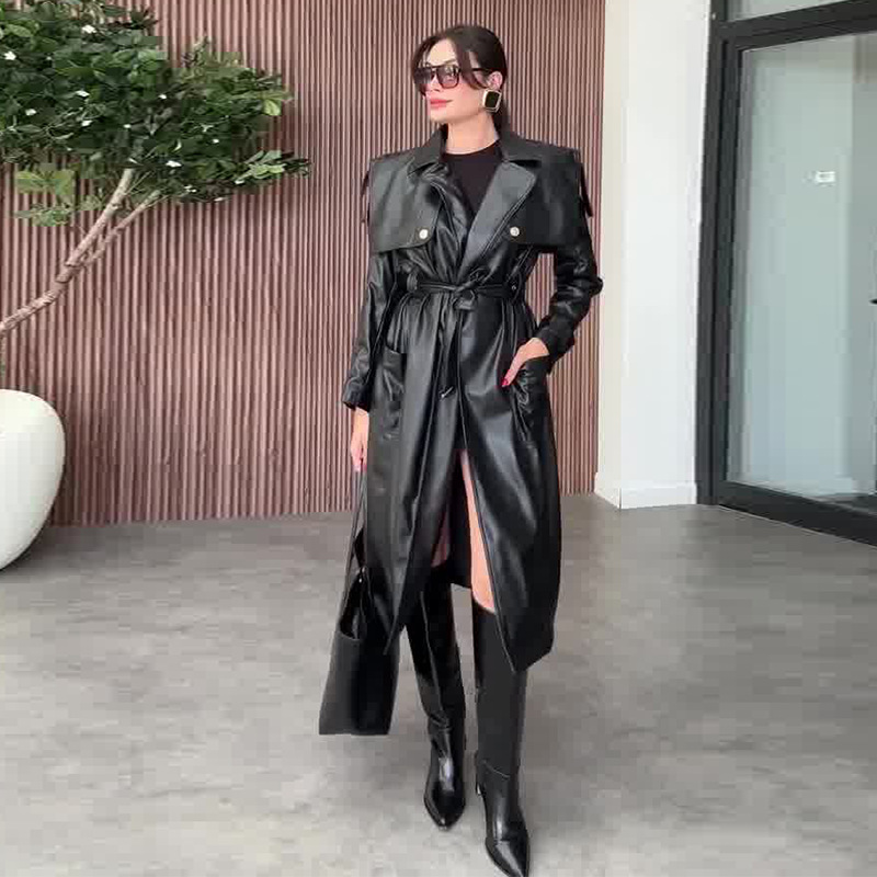 2025秋季欧美新款亚马逊跨境外贸女装时尚开叉腰带黑色通勤皮风衣