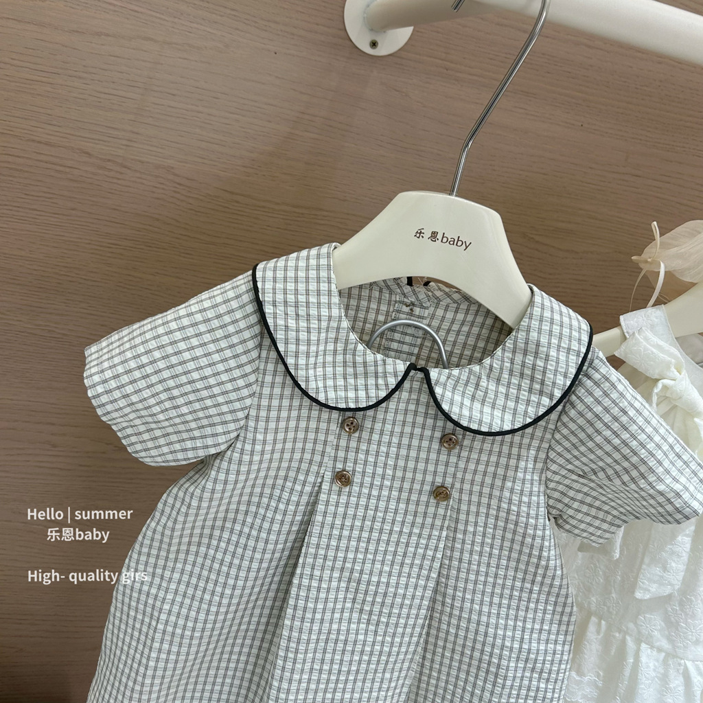 [Le En baby] 25 vestido a cuadros con cuello de muñeca en contraste para niñas de verano, vestido de princesa dulce, falda de estilo occidental