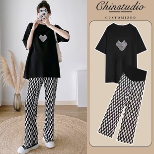 Pregnant women suit summer Internet celebrity thin Korean style cotton short-sleeved T-shirt top loose casual plaid pants two-piece suit