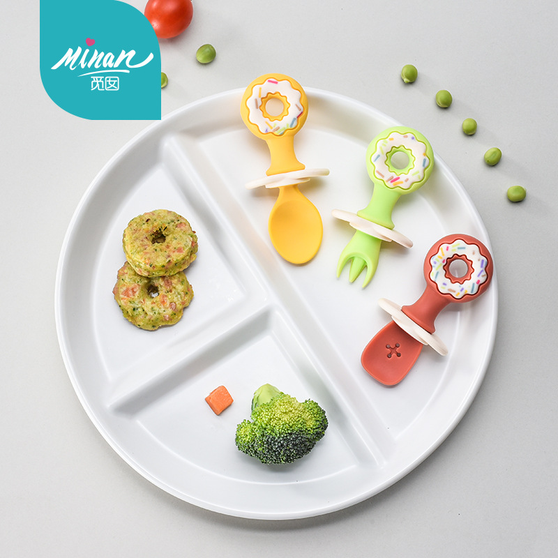 Silicone Baby Spoons and Fork Feeding Set Anti-drop suckers