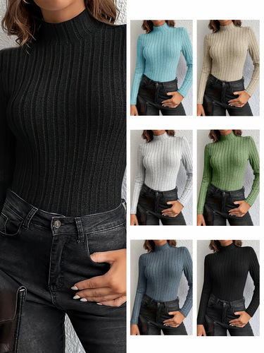 European and American women's tight-fitting innerwear solid-color ribbed top pullover long-sleeved knitted sweater base layer T-shirt