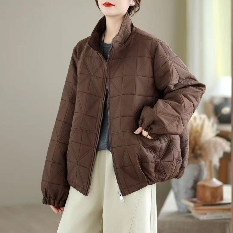 夹棉压格棉衣 2025秋冬季新款 时尚纯色立领宽松棉服外套女61076|undefined