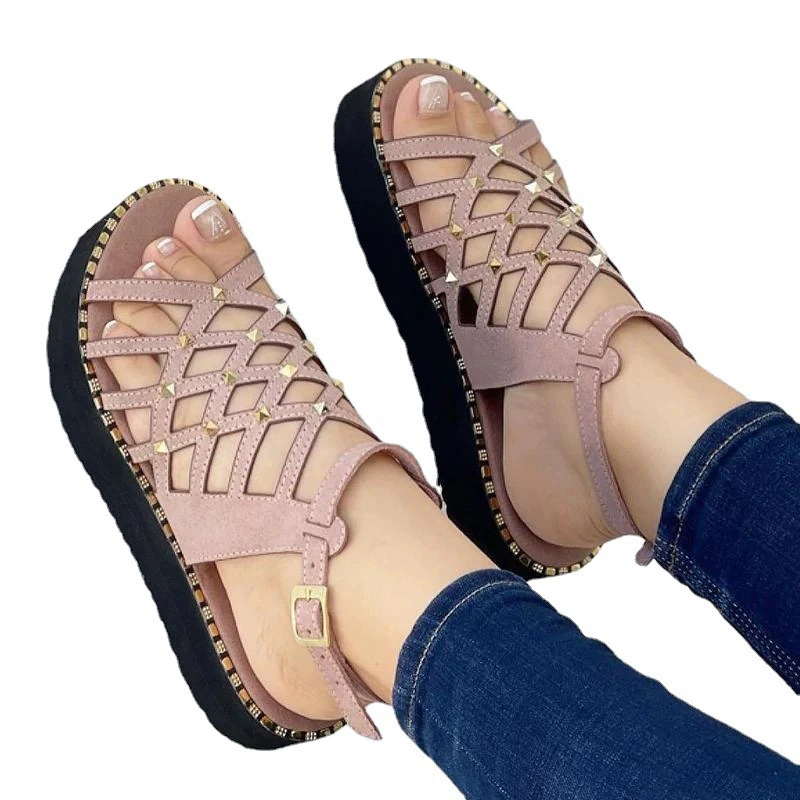 Summer lattice sandals with studded platform, breathable strappy design, plus size European style