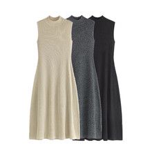 春秋长款针织黑色背心连衣裙女外穿半高领a字收腰无袖过膝打底裙