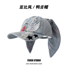 小众y2K亚比风newjeans兔耳朵牛仔鸭舌帽破洞暗黑朋克涂鸦棒球帽