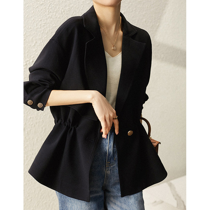 Triacetate Trench Coat Short Blazer 2026 Spring and Autumn New Style Jacket Women's Spring Suit Dark Blue Top