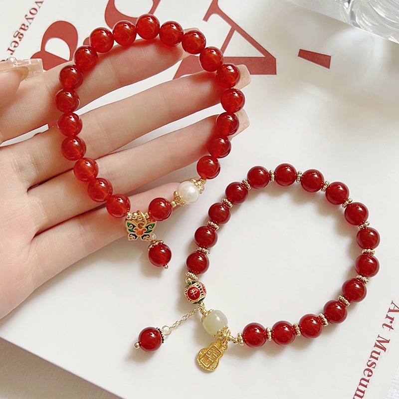 "Peace and Joy" natural 8mm red agate bracelet female Hetian jade lucky beads bracelet birth year bracelet