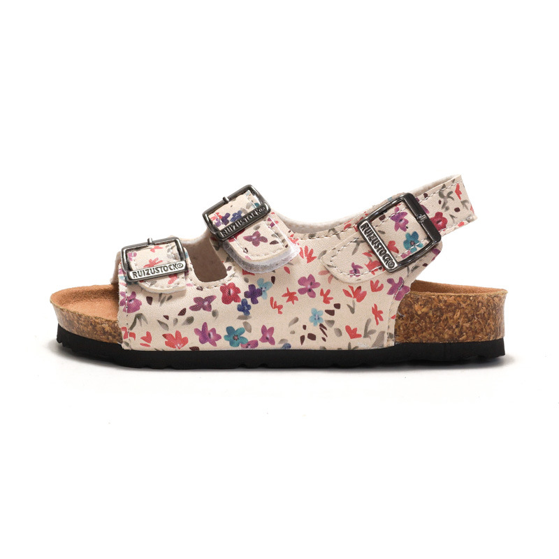 Ruizu 2025 Nuovi sandali in sughero floreali per bambini, pantofole per ragazzi, scarpe da passeggio per bambini, stile coreano, da spiaggia_voghion.com