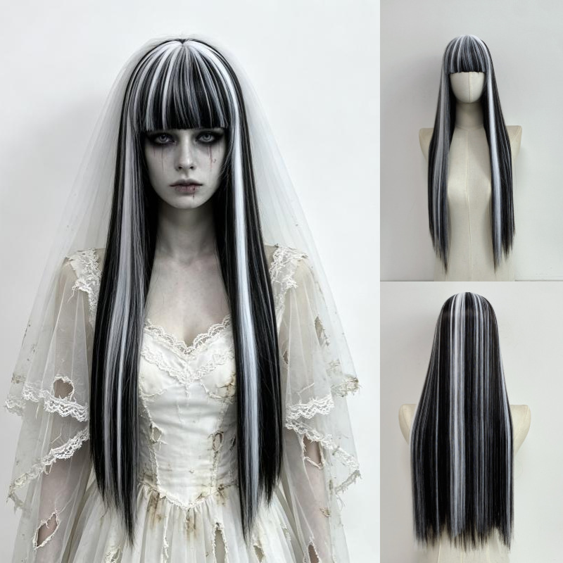 Halloween Gothic Zombie Bride Cosplay Wig with Black and White Highlights, Straight Long Hair with Bangs, Full Wig Halloween Gothic Zombie Bride Cosplay Wig with Black and White Highlights, Straight Long Hair with Bangs, Full Wig