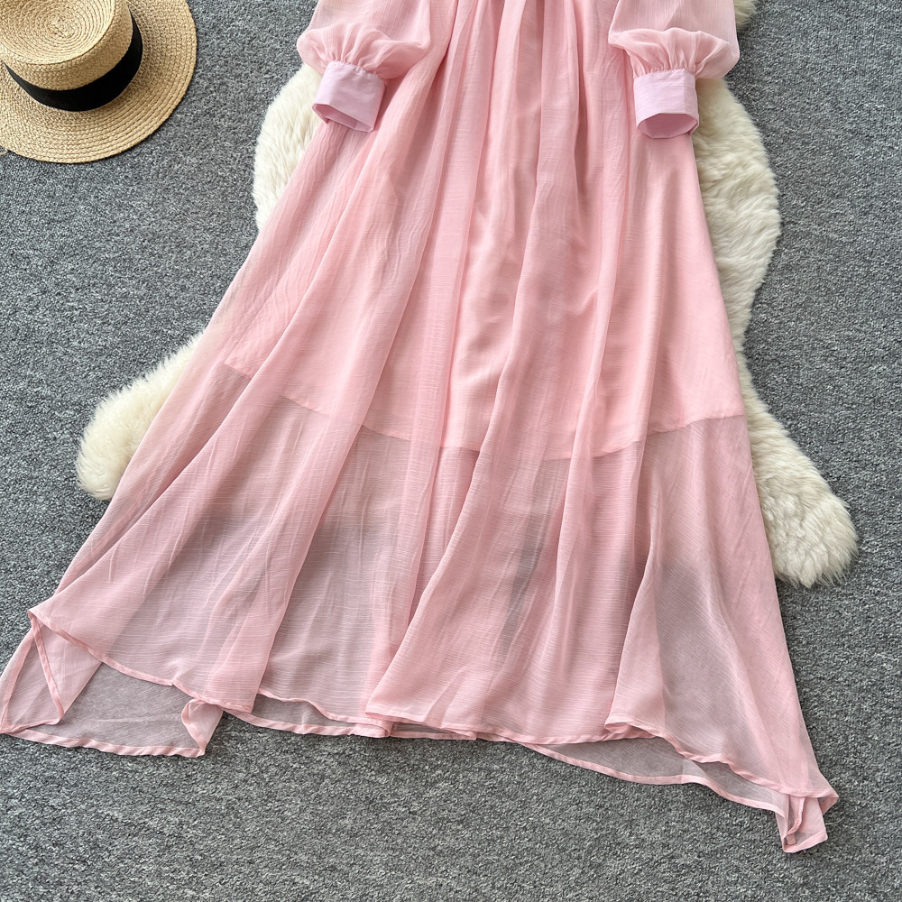 Elegant V Neck Dress Korean Style Rhinestone Embellished Waist Cinching Slimming Sophisticated Long Dress Lantern Sleeve_ecoleips.com