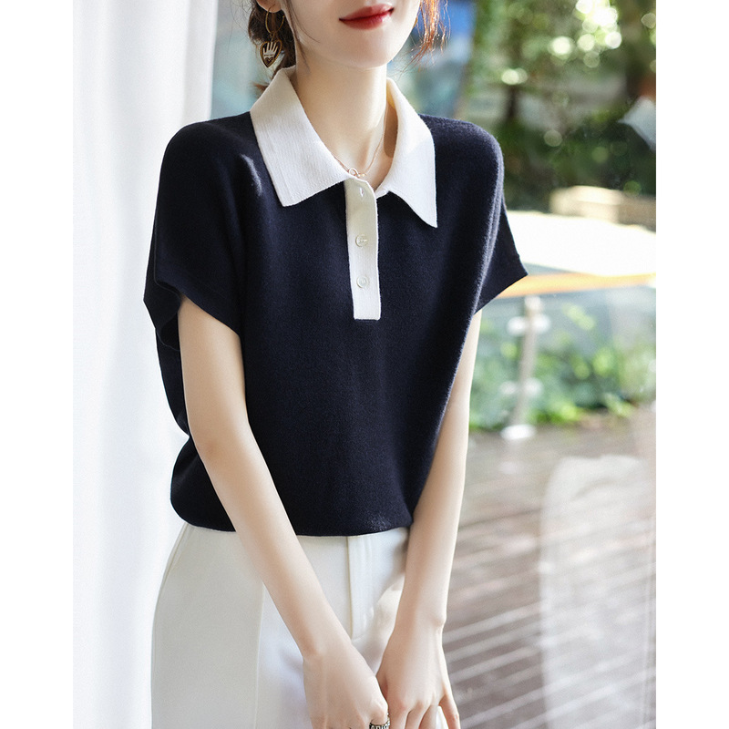 You Will Love Design Contrasting Color Polo Collar Yangtze Wool Short-Sleeved Knitwear for Women 2023 Summer New Top