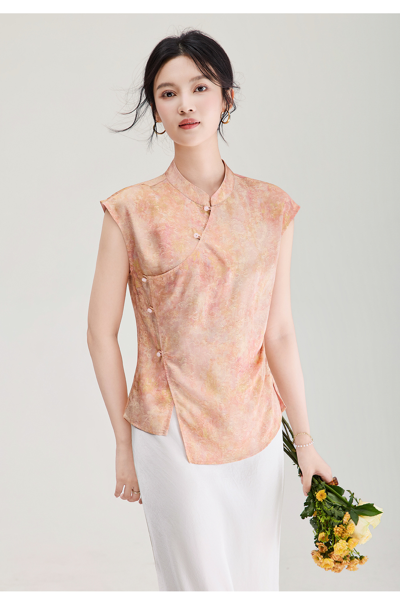 Áo vest không tay nữ kiểu Trung Quốc mới, chất lụa Jacquard nhuộm chìm, tà áo chéo, mặc mùa hè — màu xanh nhạt chi tiết 25