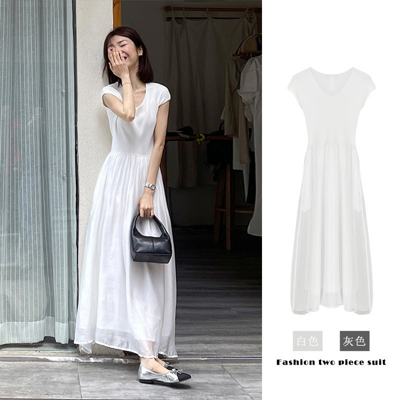 白色连衣裙女夏季2023新款甜美温柔初恋仙女法式雪纺小飞袖长裙子