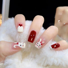 Red Rabbit New Year's Cute Manicure Whitening Popular Light Luxurious Simple Medium-Length Nails Wearable Finished Nails Wholesale