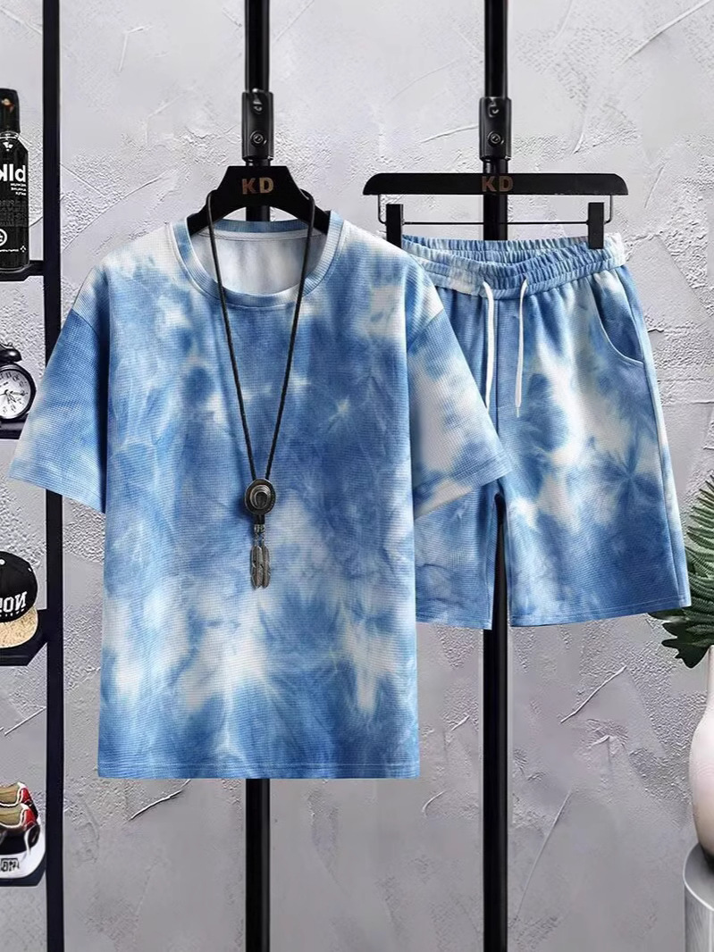 Camisas menos ropa deportiva set hombre de verano camiseta de mangas cortas camiseta de baloncesto casual coreano atado teñido pantalones cortos set de dos piezas