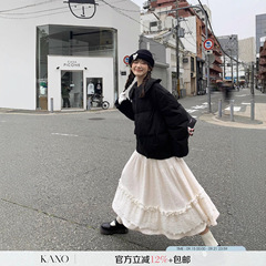 你好卡农 蕾丝拼接蛋糕裙毛绒半身裙女春季新款宽松气质a字长裙