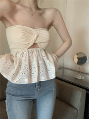 蕾絲裙擺鏤空抹胸針織衫背心女設計感小眾拼接露背短款無袖上衣女