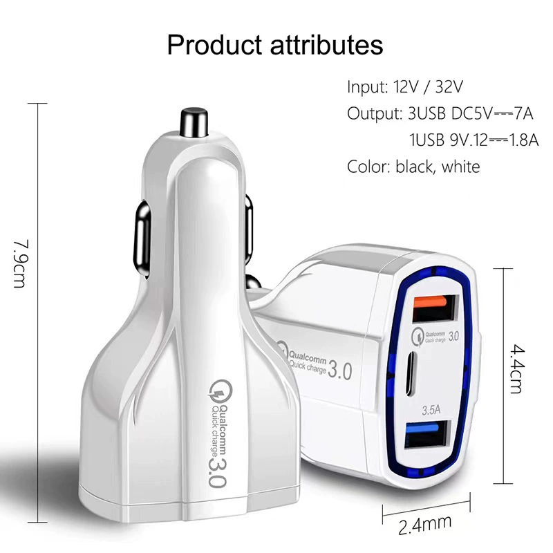 Car charger Super fast charging 40W car charging cigarette lighter Type-C+dual USB one-dragging three car charger